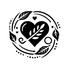 Elegant Black and White Heart with Leaves Design: Minimalist Nature-Inspired Vector Graphic