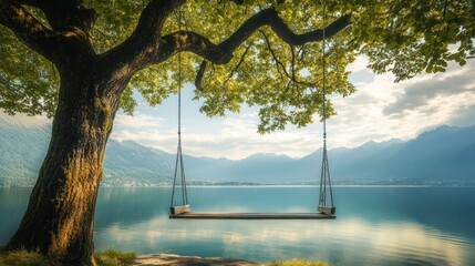 Obraz premium Serene swing under tree by tranquil lake with mountains.