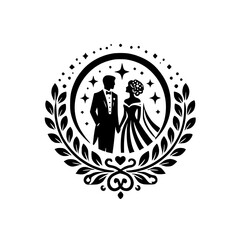 Elegant Wedding Couple Silhouette: Romantic Marriage Symbol, Black and White Vector Graphic Design