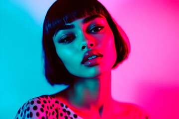 Naklejka premium Commercial digital ads creative design design. Pretty happy mixed-race girl - for ads, billboard and digital use. Short hairdo - straight hair. Black woman portrait photo. Commercial ad shot.