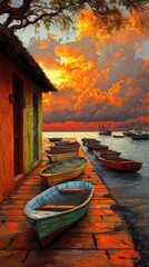 Picturesque Sunset Over Calm Waters: Vibrant Rowboats Docked by Rustic Building with Dramatic Cloudy Sky Over Serene Lakefront - Perfect Tranquil Getaway