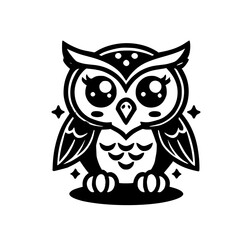 Adorable Cartoon Owl: Black and White Cute Bird Illustration