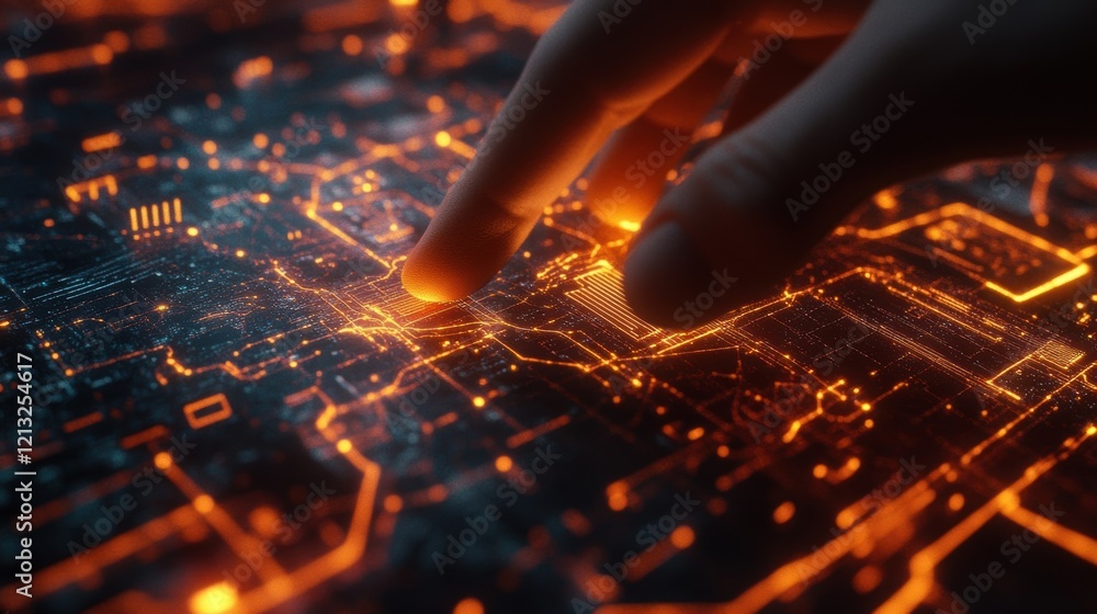 Poster close up view of a technician's finger activating a glowing circuit board, representing advanced tec
