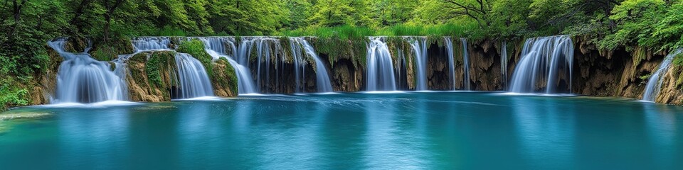 Breathtaking Scenic View of Majestic Waterfalls Surrounded by Lush Green Forests and Turquoise Waters in Tranquil Natural Landscape Perfect for Relaxation and Adventure