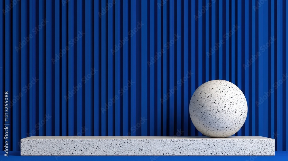 Poster abstract minimalist scene: a textured white sphere rests on a platform against a backdrop of bold, v