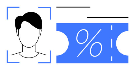 Portrait outline next to a coupon with a percentage symbol signifying targeted marketing. Ideal for marketing strategies, customer segmentation, data analytics, personalization, user engagement