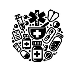 Medical Doodle: Healthcare, Pharmacy, and Medicine Vector Illustration. A graphic design featuring medical symbols, pills, and equipment, perfect for healthcare websites or publications.