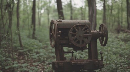 Rusty old machinery abandoned in a forest.