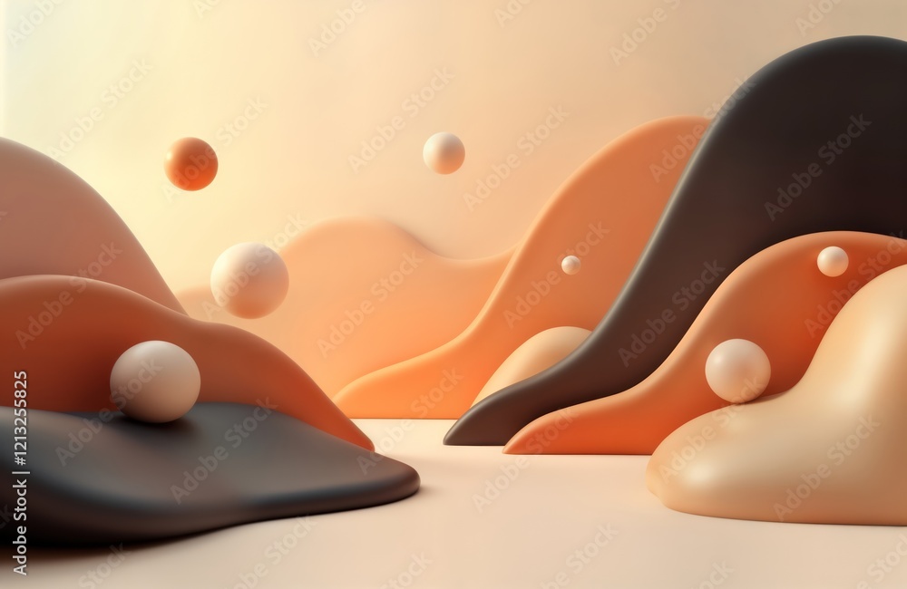 Poster Abstract design with soft shapes. Smooth curves, flowing lines create modern style. Pastel tones, soft lighting. Floating spheres add interest. Elegant, futuristic aesthetic. Suitable for tech,