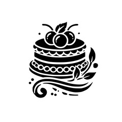 A delectable cake design, adorned with cherries and elegant flourishes. This illustration is perfect for bakeries, cafes, and dessert-themed projects.