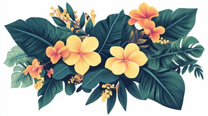 Fototapeta premium Vibrant Array of Flowers and Leaves Arranged in Wide Angle Centered Composition