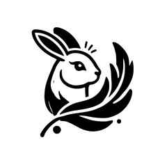 Elegant Rabbit with Floral Design: Minimalist Black and White Line Art Print