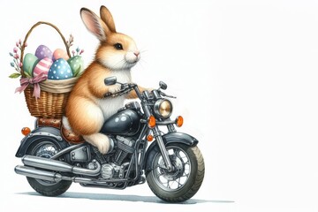 Ein fröhlicher Osterhase fährt auf einem Motorrad mit einem Korb voller bunter Eier auf dem Rücken. Dynamisches und originelles Ostermotiv. Generative KI.