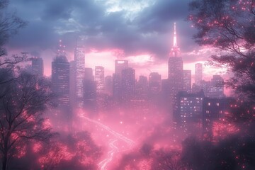 Obraz premium ethereal cityscape bathed in bioluminescent fog neonlit trees create surreal forest atmosphere cyberpunk meets nature