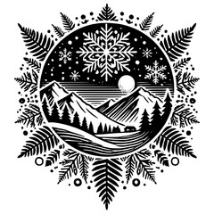 Winter Mountain Night Scene: A Black and White Landscape Illustration