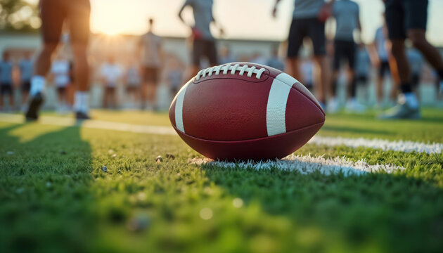 Closeup view of American football on field. Players in background. Game in progress. Scene shows athleticism, competition. Sports action clear. Sunny day at stadium. Players actively involved in