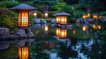 Obraz premium Serene Night at the Japanese Garden: Illuminated Lanterns Reflecting on Calm Waters