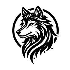 Majestic Wolf Head: Black and White Vector Graphic. Perfect for logo design, wildlife art, and nature-themed projects.  A stylish and abstract illustration of a wolf's head.