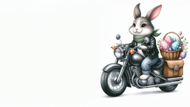 Ein lässiger Osterhase in Lederjacke und Schal fährt auf einem Motorrad mit einem Korb voller bunter Eier. Dynamisches Ostermotiv. Generative KI. - Powered by Adobe