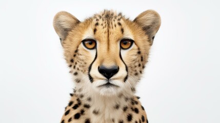 A striking portrait of a cheetah captured against a clean white backdrop, highlighting its elegance and speed.