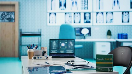 Spacious and empty healthcare office with modern medical equipment, designed for patient care and treatment. Emphasizing the importance of examinations with a stethoscope.