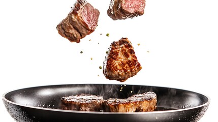 Meat steaks falling into a hot frying pan with sizzling sounds on white background