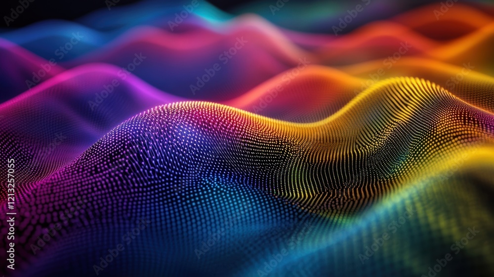 Poster flowing and undulating dynamic particle waves create a vibrant and colorful abstract landscape, imme