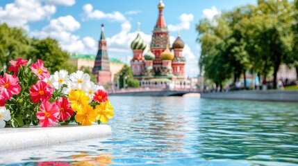 Flowers, Moscow River, St. Basil's Cathedral, sunny day, travel postcard