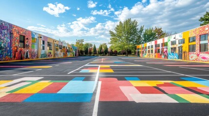 Naklejka premium A parking lot with artistic murals on the walls, colorful ground markings, and creative use of space