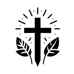 Black Cross with Leaves and Rays: A Christian Symbol of Faith, Hope, and Resurrection