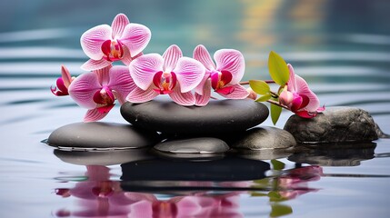 Serene Orchid and Stones Reflection in Still Water