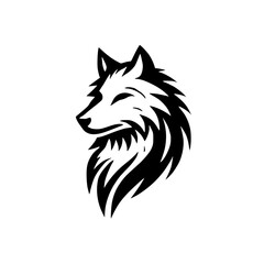 Majestic Wolf Head: Black and White Vector Graphic Design. Perfect for logos, prints, and more.  A fierce and stylish wildlife illustration.