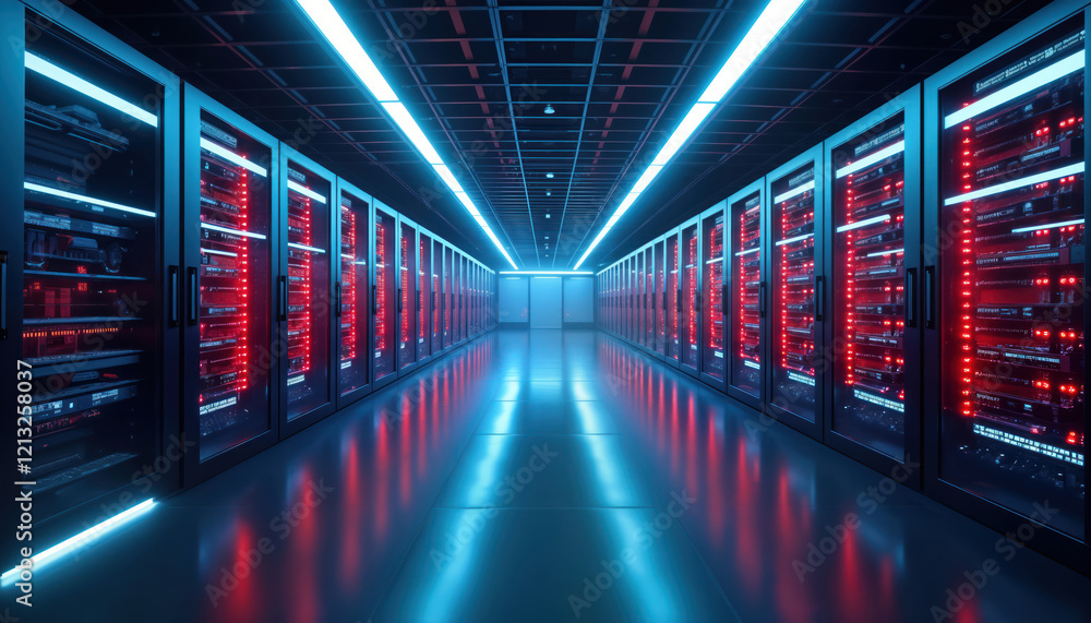 Poster Futuristic data center shows rows of glowing server racks. High-tech equipment with blue, red lighting creates futuristic vibe. Reflective floor amplifies tech feel. Modern tech infrastructure.