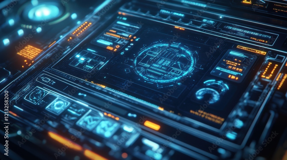 Poster futuristic interface displaying complex data analysis and processing information with holographic ch