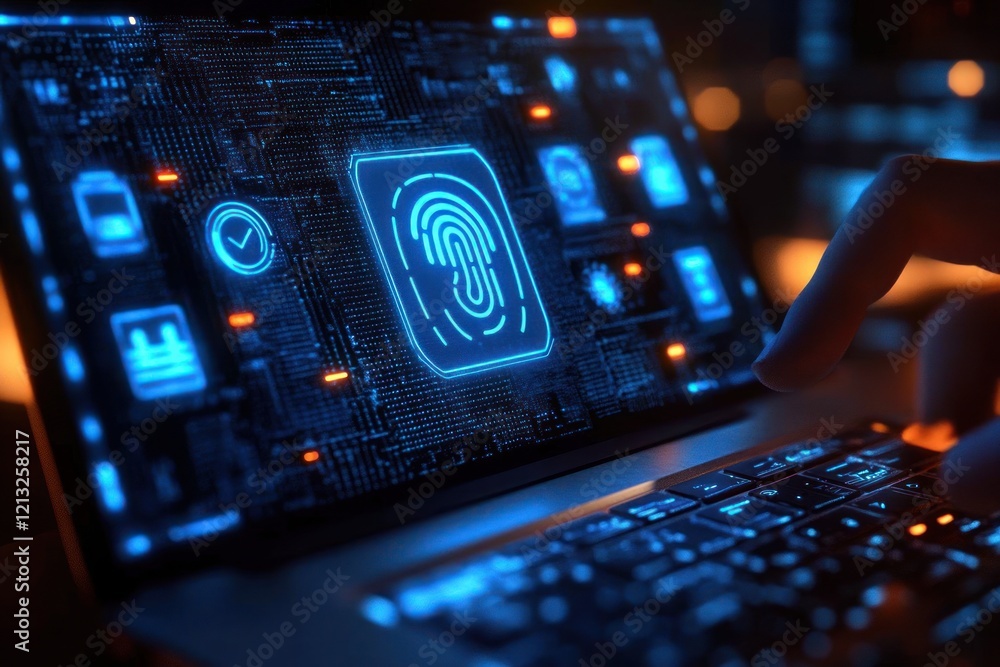 Poster fingerprint authentication for digital security biometric login access protection in cyber technolog