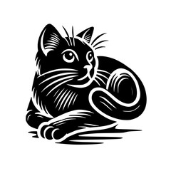 Elegant Black Cat: A Stylish Vector Illustration. Perfect for pet lovers and design projects.  Monochrome feline art, showcasing a cute kitten sitting with its tail curled.