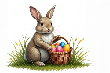 Ein natürlicher Osterhase sitzt im Gras und hält einen Korb voller bunter Eier. Frühlingshafte Osteridylle. Generative KI.