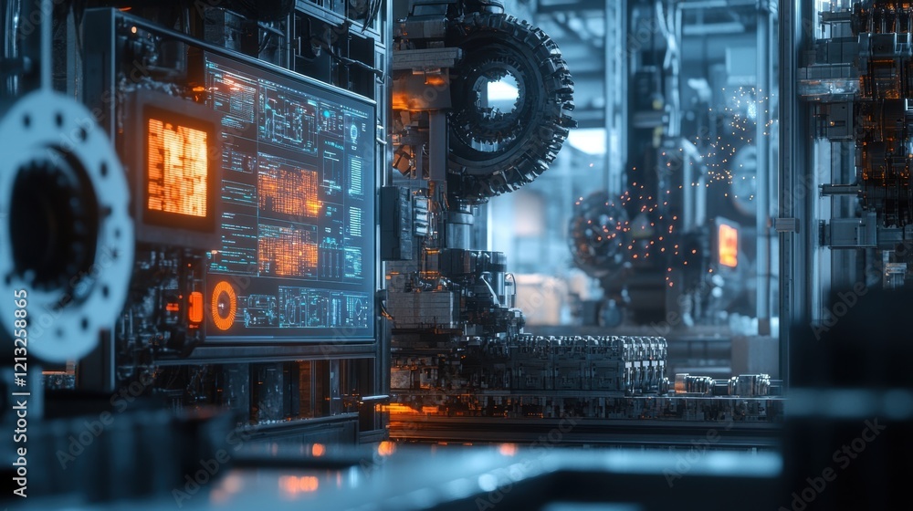 Poster modern robotic arm performing automated tasks in a high tech factory, monitored by a digital control