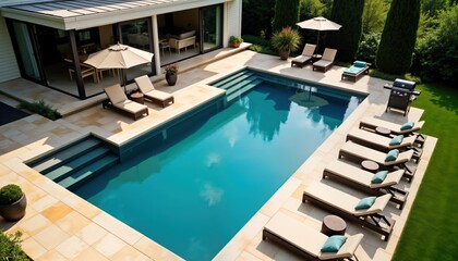 Fototapeta premium Modern secluded villa boasts spacious backyard swimming pool, patio area. Comfortable outdoor furniture complements luxury design. Relaxing atmosphere perfect for vacation private getaway. Tranquil