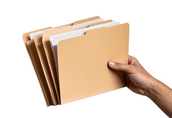 A high-quality PNG image featuring a hand holding manila file folders, isolated on a transparent or white background. Perfect for presentations, designs, or professional projects 