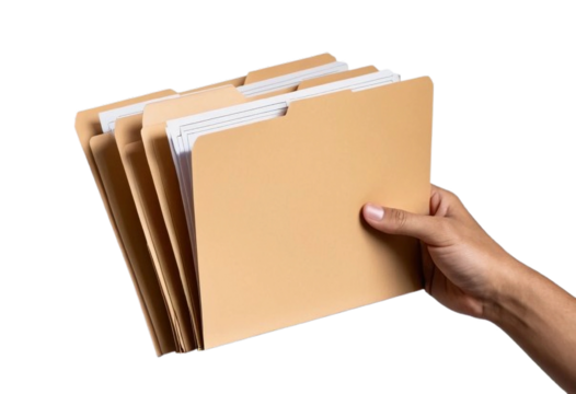 A high-quality PNG image featuring a hand holding manila file folders, isolated on a transparent or white background. Perfect for presentations, designs, or professional projects 