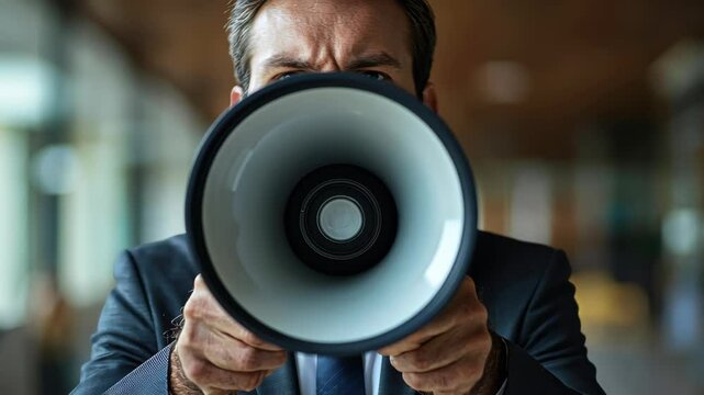 A focused speaker delivers important messages using a megaphone, emphasizing clarity and professionalism in a corporate setting.