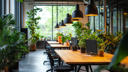 Naklejka premium Moderner Besprechungsraum mit großzügigem Holztisch und Pflanzenarrangement