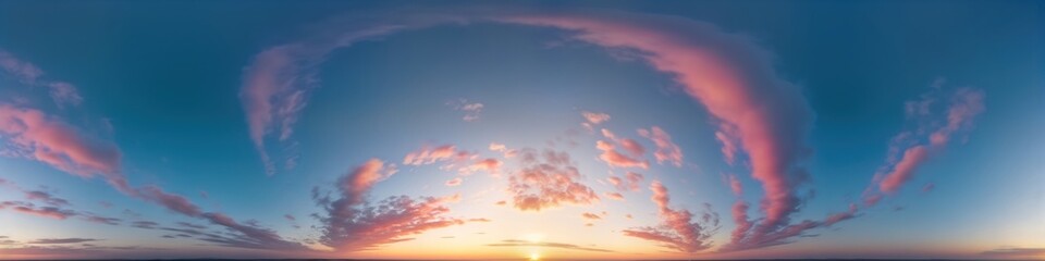 Obraz premium Sunset panorama with vibrant pink cirrus clouds against dark blue sky. Sun sets on horizon. Stunning colors. Ideal for aerial drone photo, 360 degree view. Sky replacement in 3D visualization.