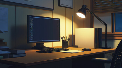 Naklejka premium Gemütlicher Arbeitsplatz mit beleuchtetem Monitor und modernem Design