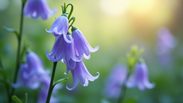 A delicate violet-blue campanilla with smooth, bell-shaped petals. The flower's gentle curve and subtle veining enhance its peaceful, tranquil aura, glowing softly in filtered sunlight in a serene gar