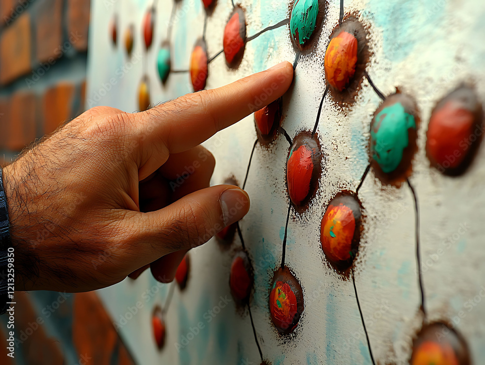 Poster closeup of a hand interacting with a colorful, textured artwork depicting a network or connection sy