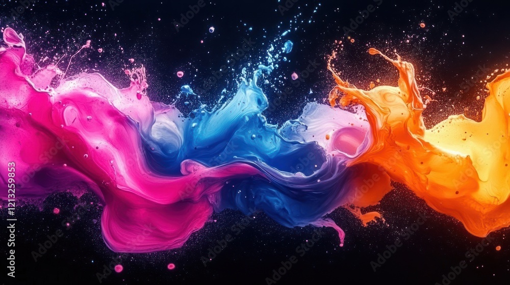 Poster vivid abstract paint splashes in dynamic motion creating a mesmerizing swirl of colors resembling a 