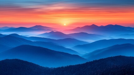 Obraz premium Sunrise over misty mountain range, aerial view, scenic landscape, travel photography