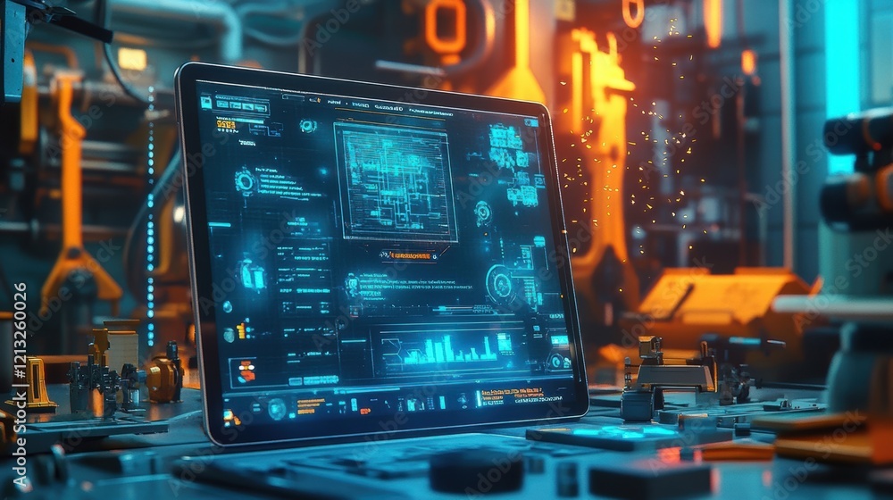 Poster displaying a complex holographic interface with schematics and real time performance metrics while m